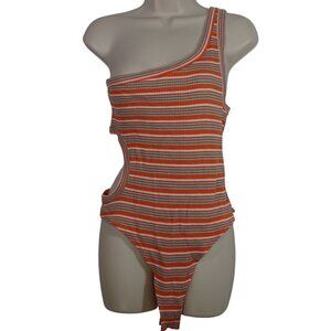 Wild Fable Orange Striped One Shoulder Cutout Thong Bodysuit Women Size XL